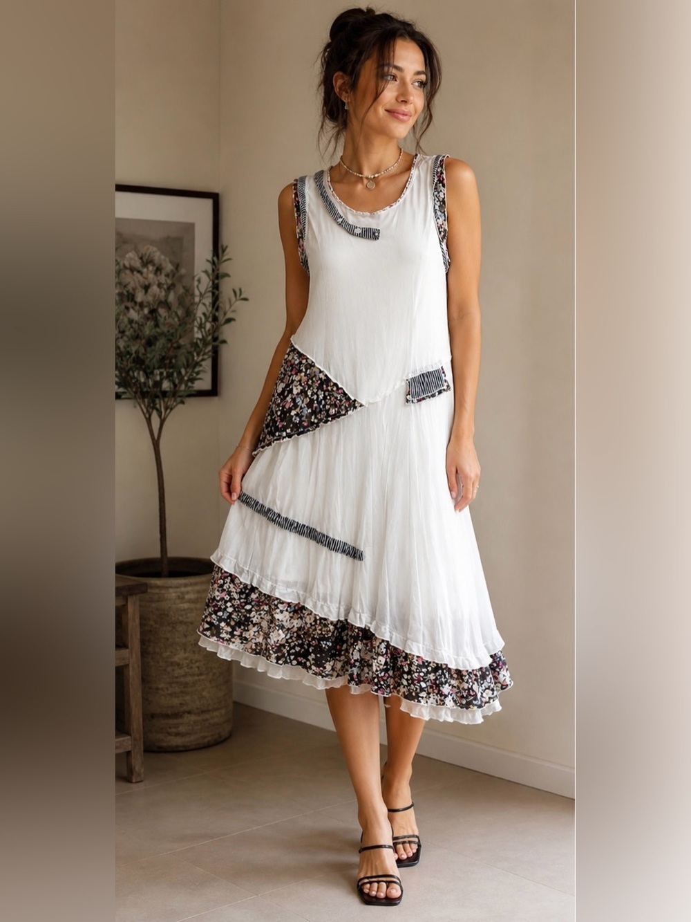 Boho Patchwork Asymmetrical White Dress|Floral&Stripe Detail|Sleeveless|Size S/M